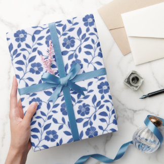 Papier Cadeau Fleurs Bleues Et Vignes