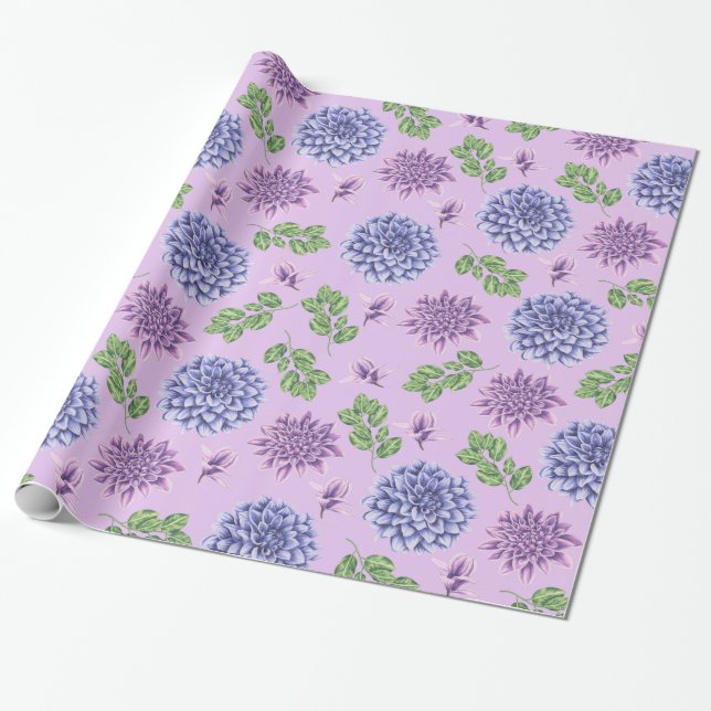 Papier Cadeau Fleurs bleues et violettes sur Lavender (Déroulé)