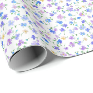 Papier Cadeau Fleurs bleues minces et violettes sur blanc