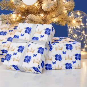 Papier Cadeau Fleurs bleues royales et Couronnes d'or