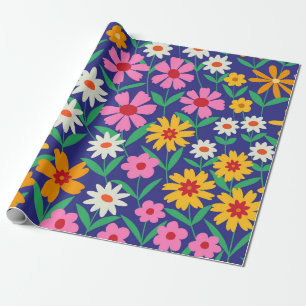 Papier Cadeau Fleurs Boho des années 70 rétro sur bleu marine