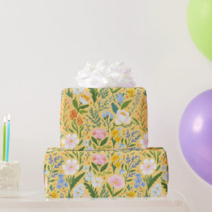 Papier Cadeau Fleurs botaniques vintage rose jaune bleu 
