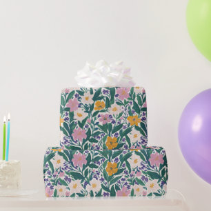 Papier Cadeau Fleurs botaniques vintage rose orange blanc