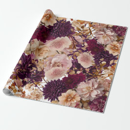 Papier Cadeau Fleurs champêtres rustiques florales bordeaux et r