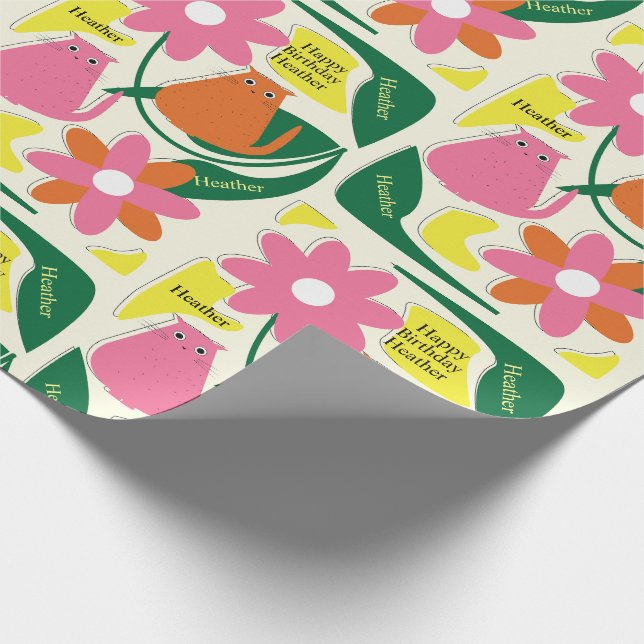 Papier Cadeau Fleurs Chats Ajouter Destinataires Nom Mignonne An (Coin)