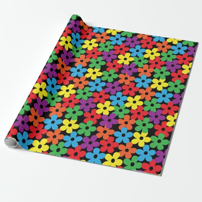 Papier Cadeau Fleurs colorées sur le papier d'emballage noir (Déroulé)