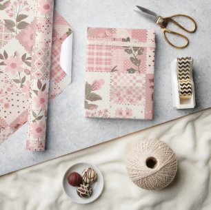 Papier Cadeau Fleurs Cottagecore Gingham Broderie Rose