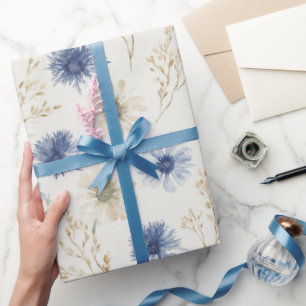 Papier Cadeau Fleurs Crème Bleu Shower de Mariée