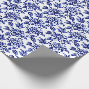 Papier Cadeau Fleurs Dahlia Bleues et Blanches Toile de Jouy