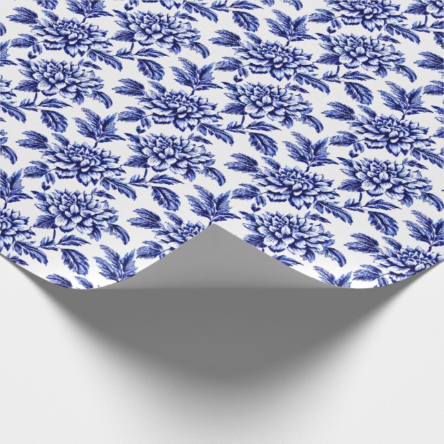 Papier Cadeau Fleurs Dahlia Bleues et Blanches Toile de Jouy (Coin)