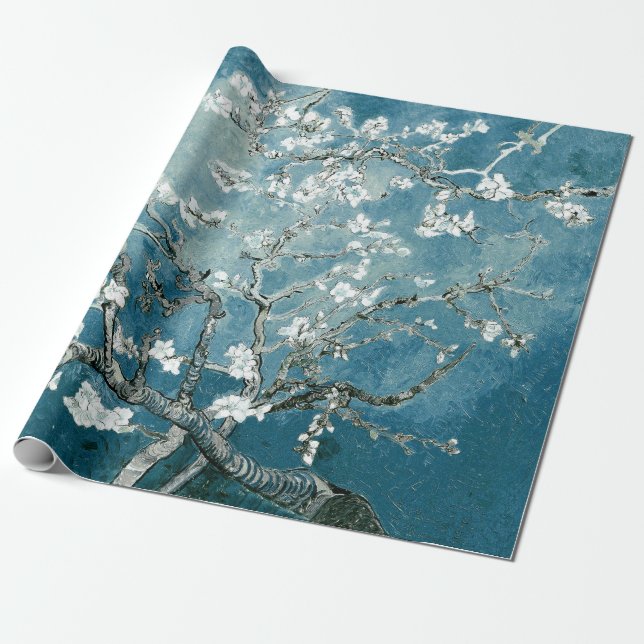 Papier Cadeau Fleurs d'amandier de Vincent Van Gogh sarcelle dou (Déroulé)