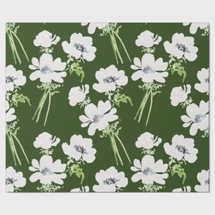 Papier Cadeau Fleurs d'anémone blanc à l'aquarelle verte