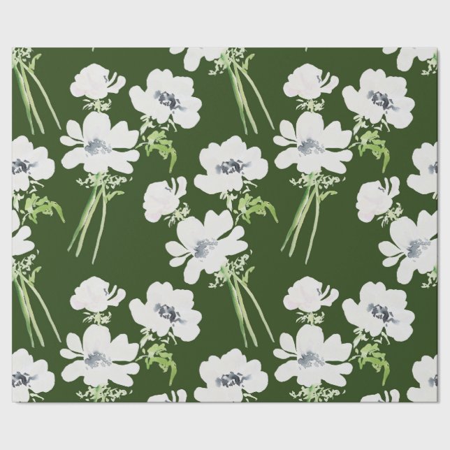 Papier Cadeau Fleurs d'anémone blanc à l'aquarelle verte (Couture)