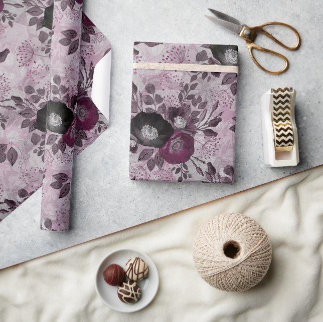 Papier Cadeau Fleurs d'aquarelle bordeaux. (Artisanat)