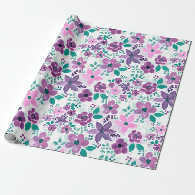 Papier Cadeau Fleurs d'aquarelle violet rose botanique (Déroulé)