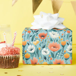 Papier Cadeau fleurs d'art coloré-aqua, blanc, pêche, jaune,