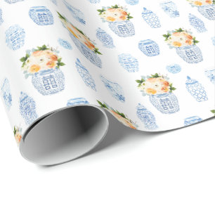 Papier Cadeau Fleurs D'Automne De Dame Intemporelles Bleu Blanc