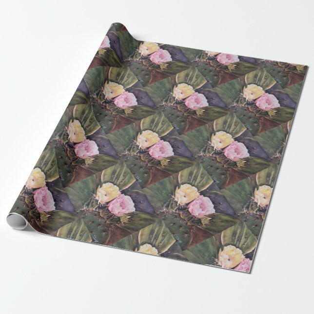 Papier Cadeau Fleurs de cactus rose et jaune (Déroulé)