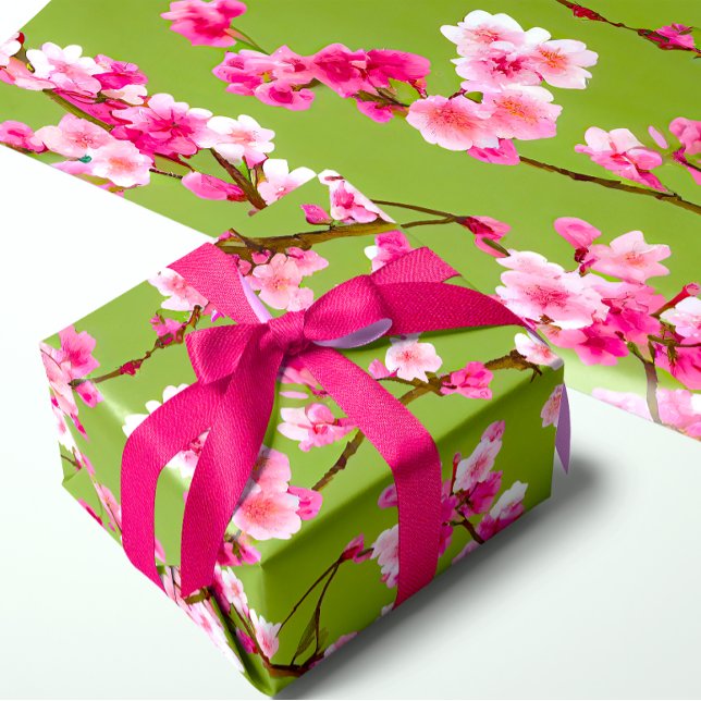 Papier Cadeau Fleurs de cerisier rose sur fond vert chartreuse (Beautiful Pink Cherry Blossoms on Chartreuse )