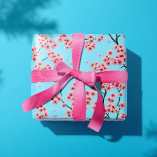 Papier Cadeau Fleurs de cerisier roses élégantes sur fond bleu c