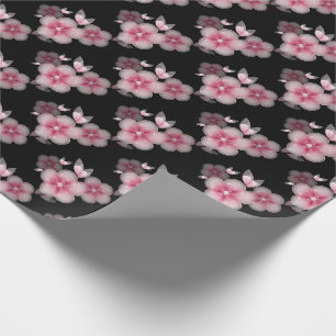 Papier Cadeau fleurs de cerisiers roses sur le noir