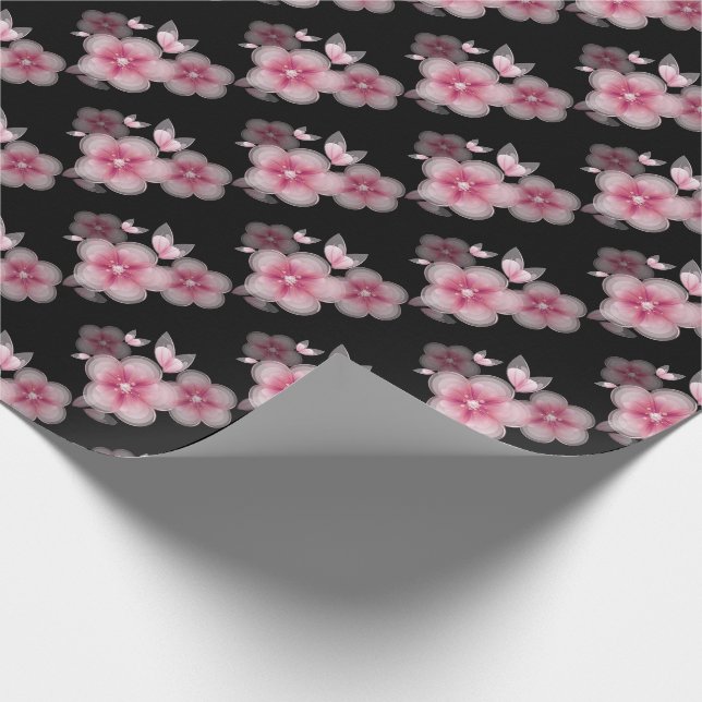 Papier Cadeau fleurs de cerisiers roses sur le noir (Coin)