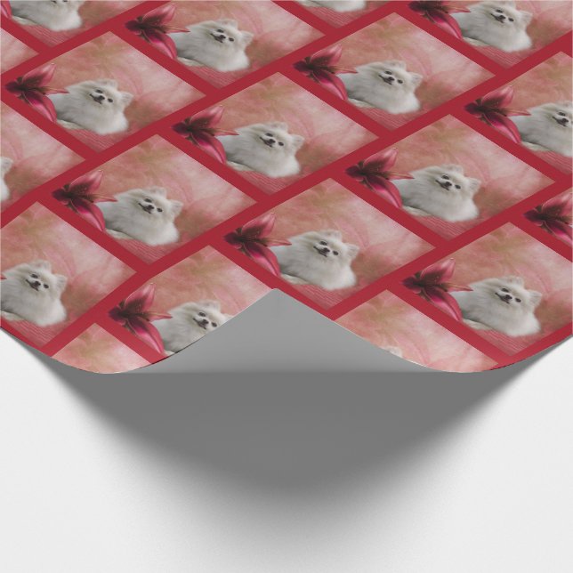 Papier Cadeau Fleurs de Chien Poméranien blanc Animal   (Coin)