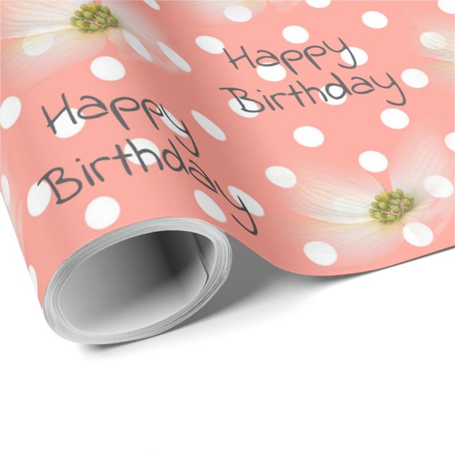 Papier Cadeau Fleurs De Cosmos Anniversaire En Pois (Coin rond)
