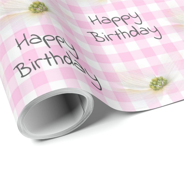 Papier Cadeau Fleurs De Cosmos Anniversaire Sur En vichy Rose (Coin rond)