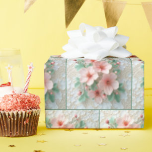 Papier Cadeau Fleurs De Cosmos Rose Sur Dentelle Blanche