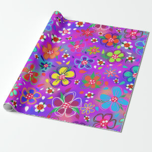 Papier Cadeau Fleurs de couleurs vives en gras sur Boho rose vio