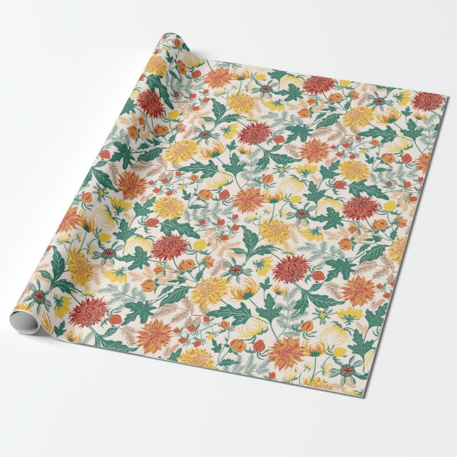 Papier Cadeau Fleurs de dahlia de printemps jaune orange pastel  (Déroulé)