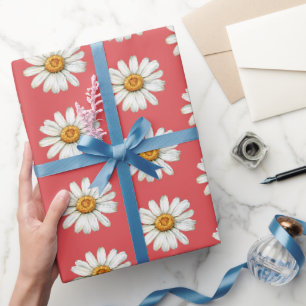 Papier Cadeau Fleurs de daisy rouges et blanches chic pour anniv
