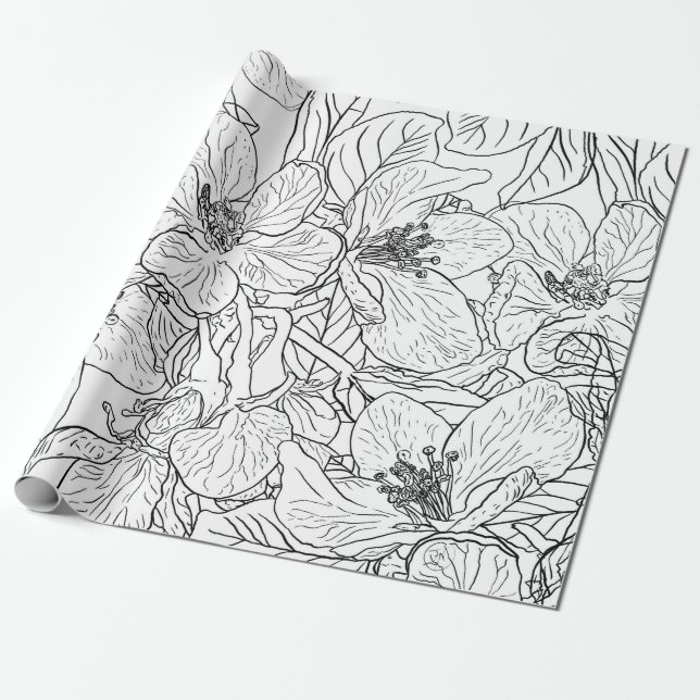 Papier Cadeau Fleurs de fleurs de cerisier noir blanc Botanique (Déroulé)