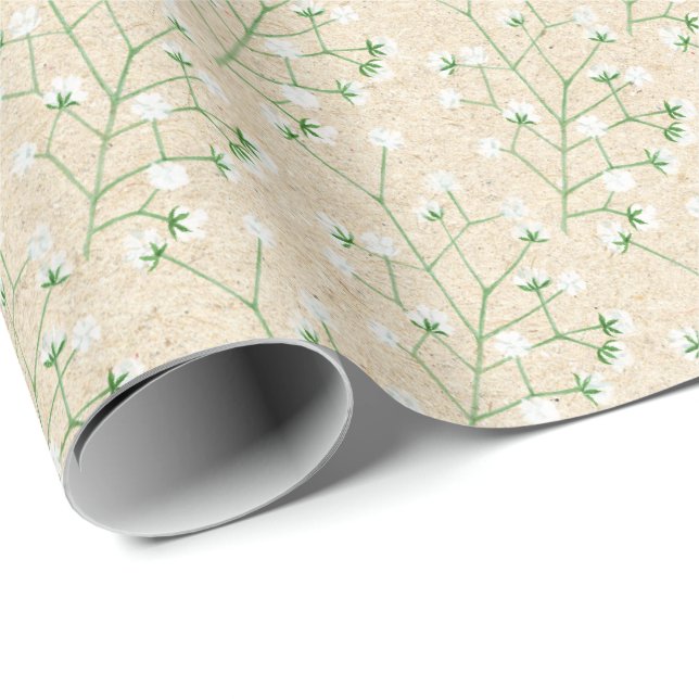 Papier Cadeau Fleurs de Gypsophile Bohème Chic Baptême Mariage (Coin rond)