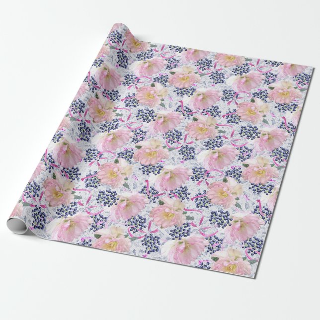 Papier Cadeau Fleurs de Hellebore rose Berries & Rubans sur blan (Déroulé)