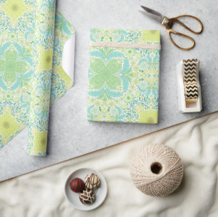 Papier Cadeau Fleurs de jardin rétro en vert et jaune