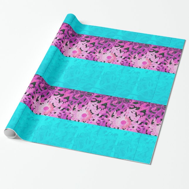 PAPIER CADEAU FLEURS DE JOUR BLEU TURQUOISES ROSES (Déroulé)