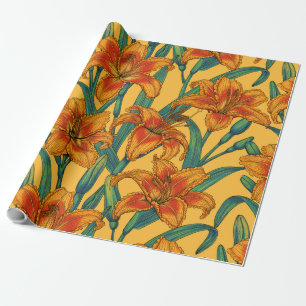 Papier Cadeau Fleurs de jour tawny, bleu et jaune