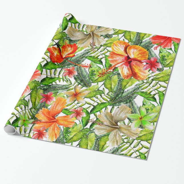 Papier Cadeau Fleurs de la jungle tropicale exotique Hibiscus (Déroulé)