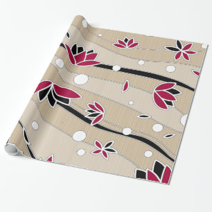 Papier Cadeau Fleurs de lotus rouges vintages sur bandes beiges