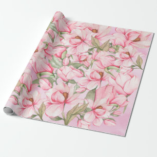 Papier Cadeau Fleurs de Magnolia de printemps rose