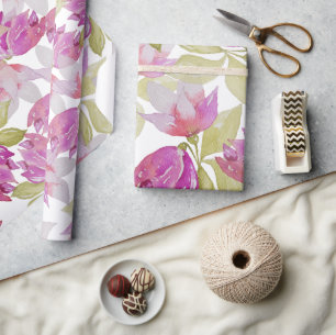 Papier Cadeau Fleurs de Magnolia rose Aquarelle Art