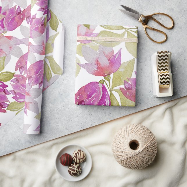 Papier Cadeau Fleurs de Magnolia rose Aquarelle Art (Artisanat)
