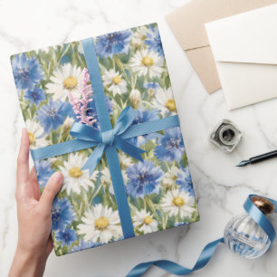 Papier Cadeau Fleurs de marguerite bleues blanches Anniversaire