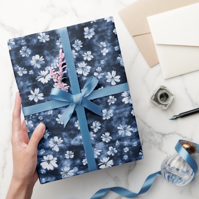 Papier Cadeau Fleurs de mariage en bleu denim (Cadeaux)