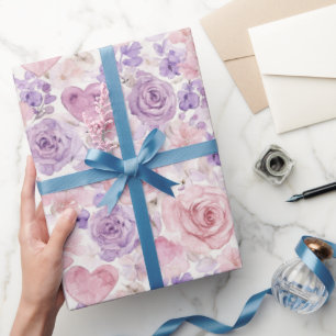 Papier Cadeau Fleurs de mariage rose violet cœurs