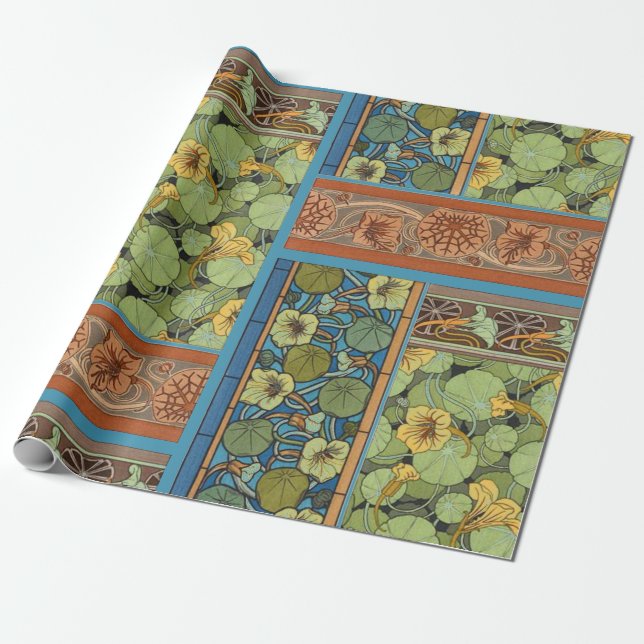 Papier Cadeau Fleurs de Nasturtium Stylisées Art Nouveau (Déroulé)