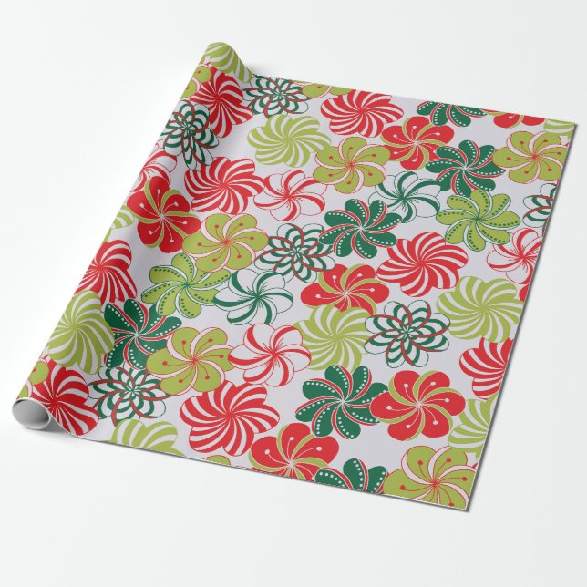 Papier Cadeau Fleurs de Noël brillantes/Bonbons sur Platine (Déroulé)