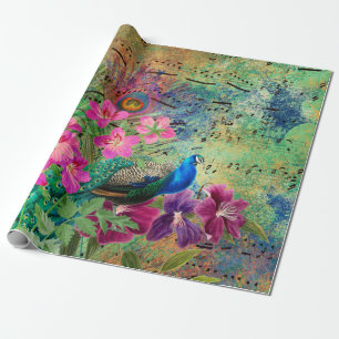 Papier Cadeau Fleurs de paon et musique